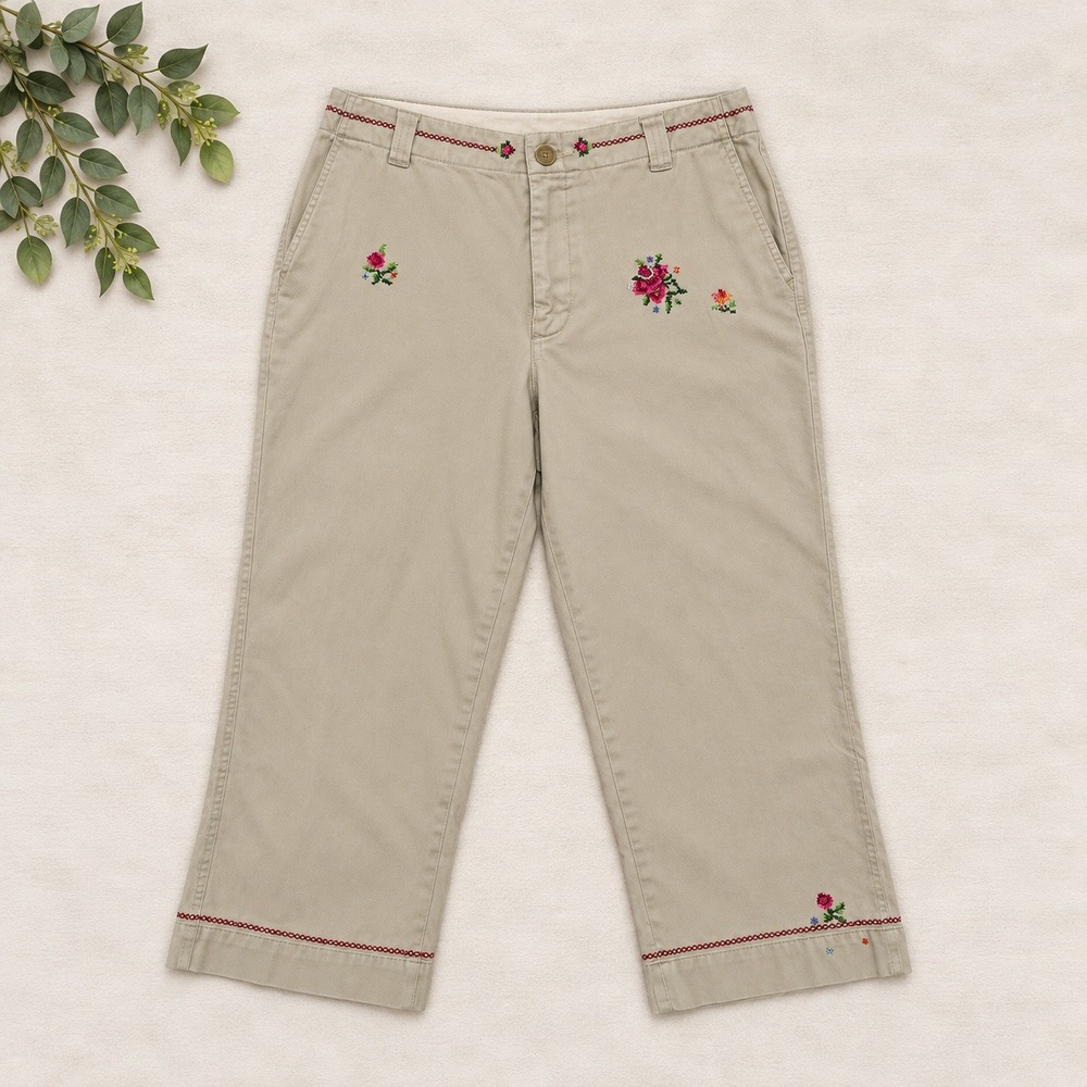 Gap Clean Cut Chino Pants Khaki Tan Floral Embroidered Cropped Vintage Gap Sz 8